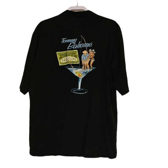 Tommy Bahama 100% Silk Black Martini Fishing Embroidered Button Up Shirt Size L - Picture 1 of 8